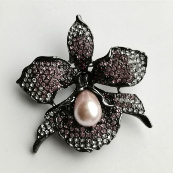 ES Jewelry - Purple orchid crystal and pearl  brooch pin